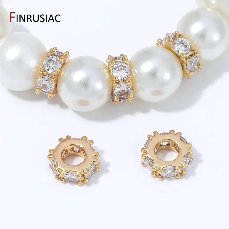 18K Gold Plated Brass Zircon Rondelle Spacer Beads,Gear Edge Charms Separator Beads for DIY Necklace Bracelet Making Findings