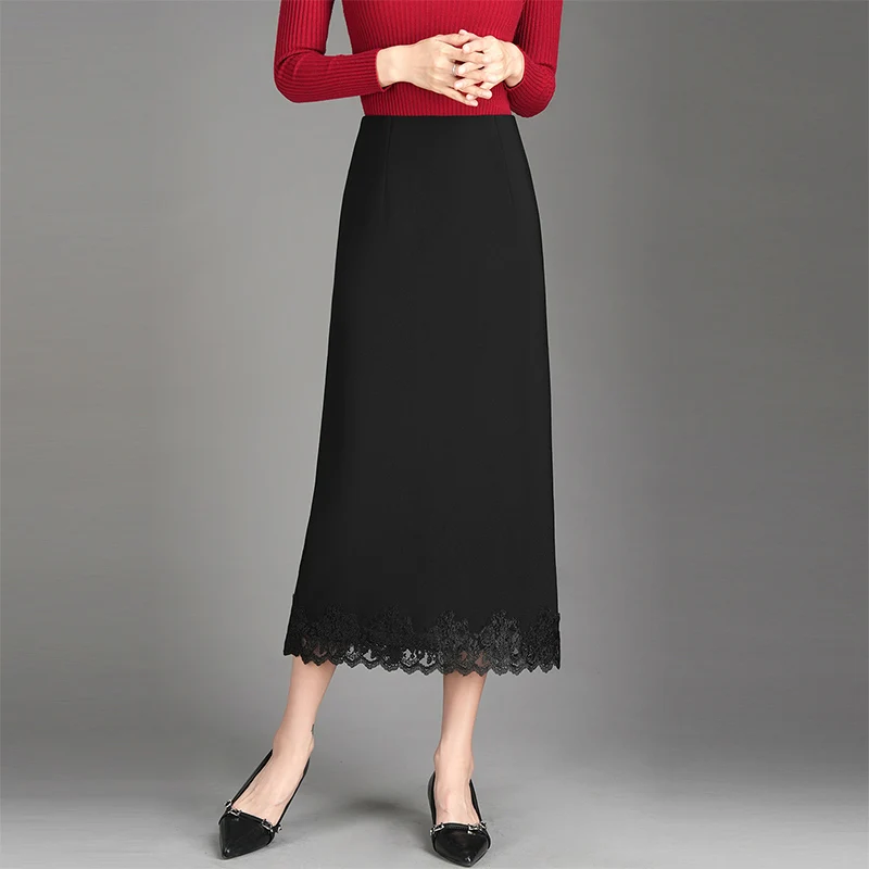 

Bla Lace Splice Skirt Women's Spring Autumn 2025 Slim Fit Long Profional One Step Skirt High Waist Straight Cut