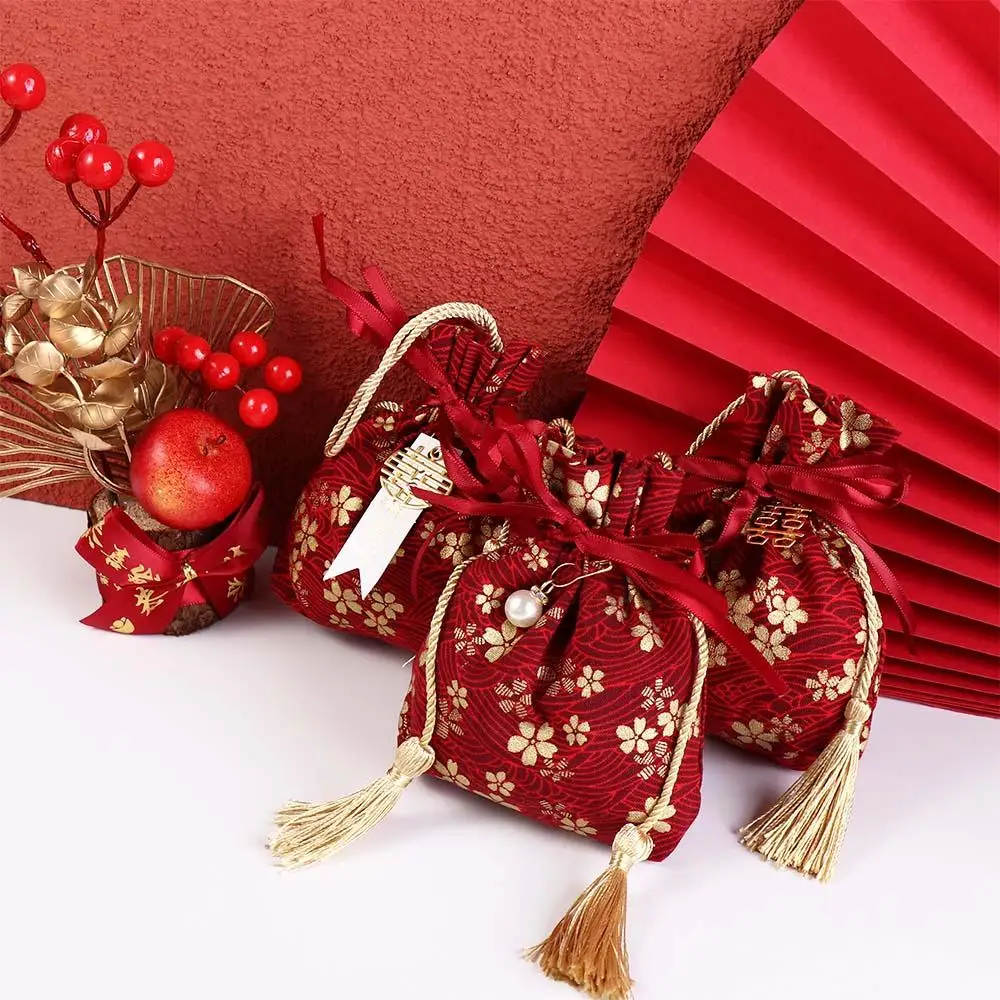 

Sakura Canvas Flower Drawstring Bag Pearl Pendant Stripe Ribbon Bow Wrist Bag Korean Style Satin Bow