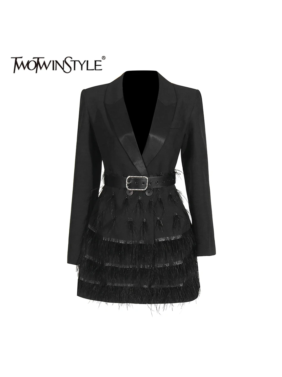 

TWOTWINSTYLE Solid Spliced Belt Slimming Mini Dresses For Women Lapel Long Sleeve High Waist Temperament Dress Female Fashion