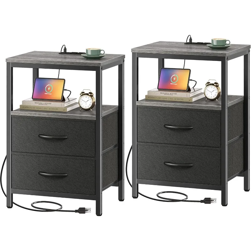 

Set of 2, End Tables with Charging Station, Side Tables with Fabric Drawers, Bedside Tables with USB Ports an