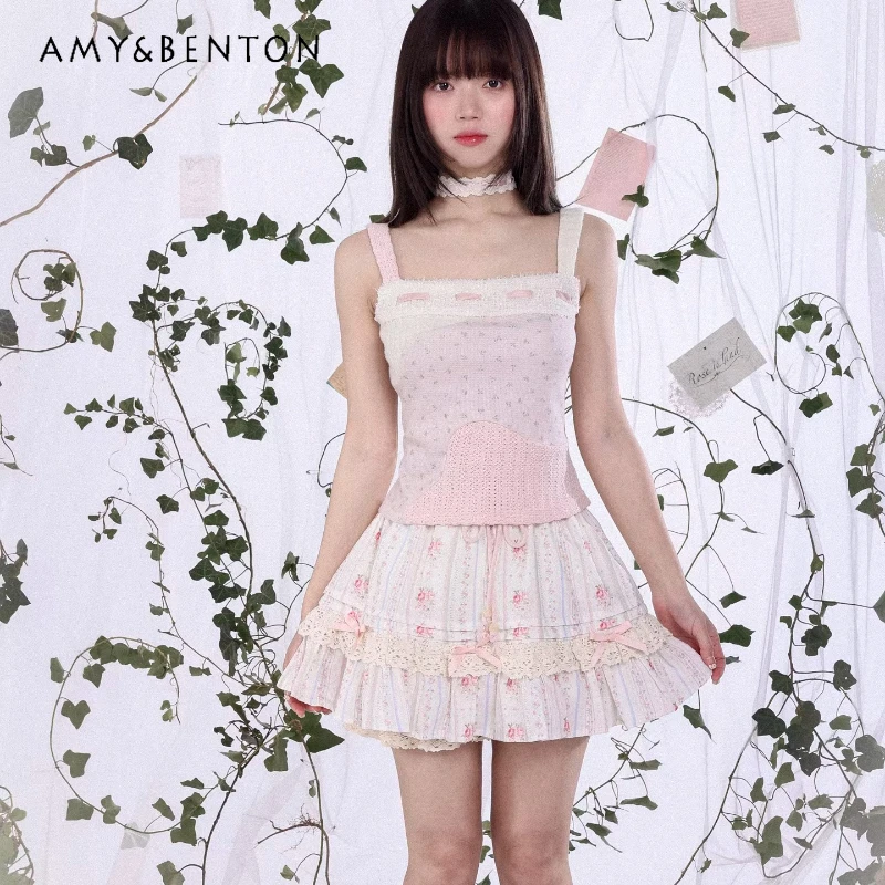 

2026 New Sweet Lace Floral Print Women's Skirt Pants Original Design Cute Bow Loose Versatile Age-reducing Short Skirts Ladies