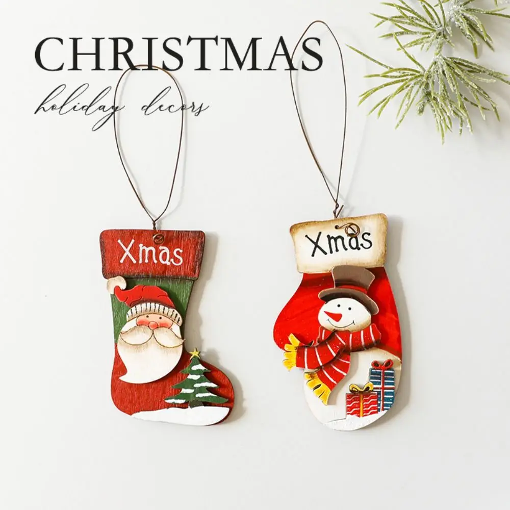 Cute Christmas Wooden Hanging Decoration Christmas Socks Handmade Santa Claus Snowman Pendants Gloves Elegant