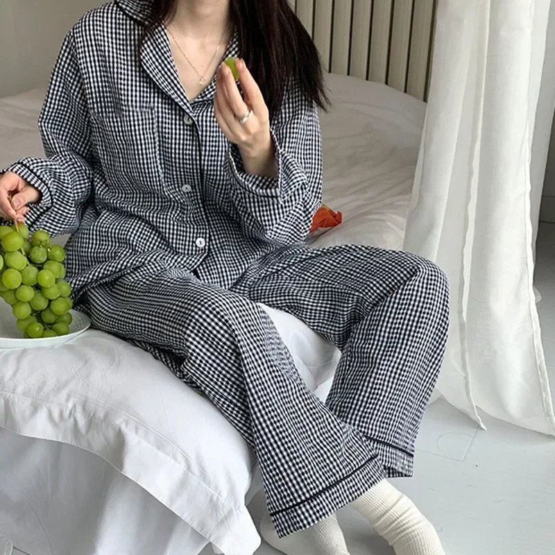 Plaid Women\'s Pajamas Korean Sleepwear Long Sleeve Pants Sets for Women 2 Pieces Autumn Night Wears Casual Home Suit 2024 New