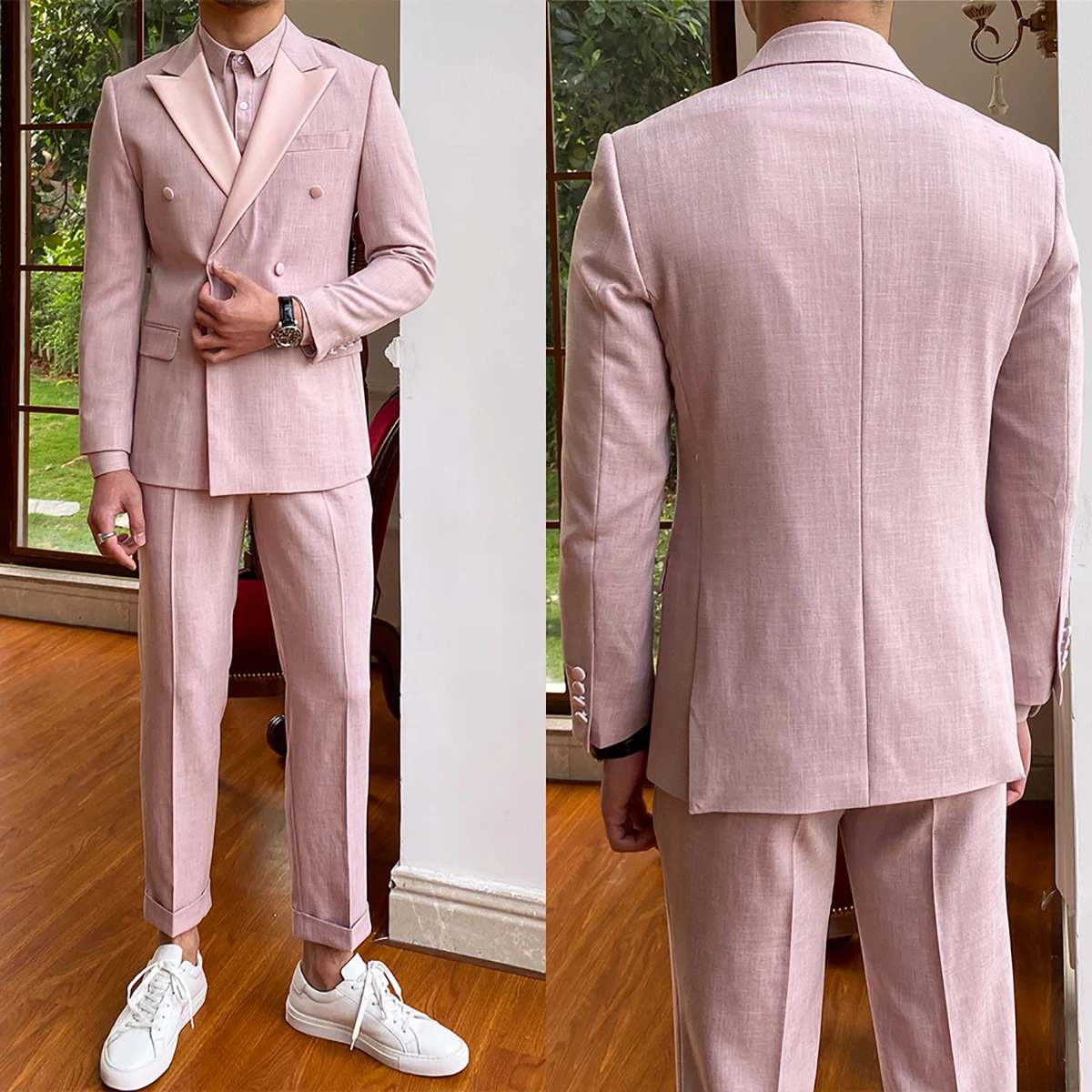 

Pink Men Suit 2 Pieces Business Blazer Pants Double Breasted Satin Lapel High Fashion Wedding Groom Work Wear Causal Tailored