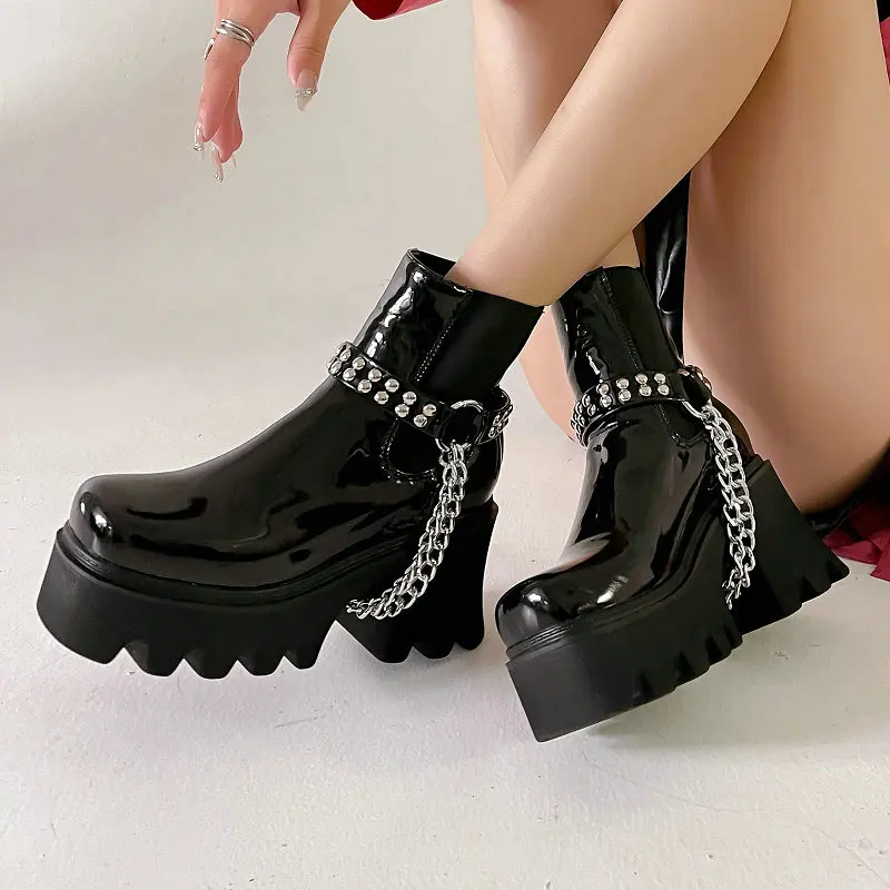 Patent PU Leather Black Punk Gothic Womens Boots With Metal Chain Platform Square Chunky High Heels Chelsea Booties Winter Shoes