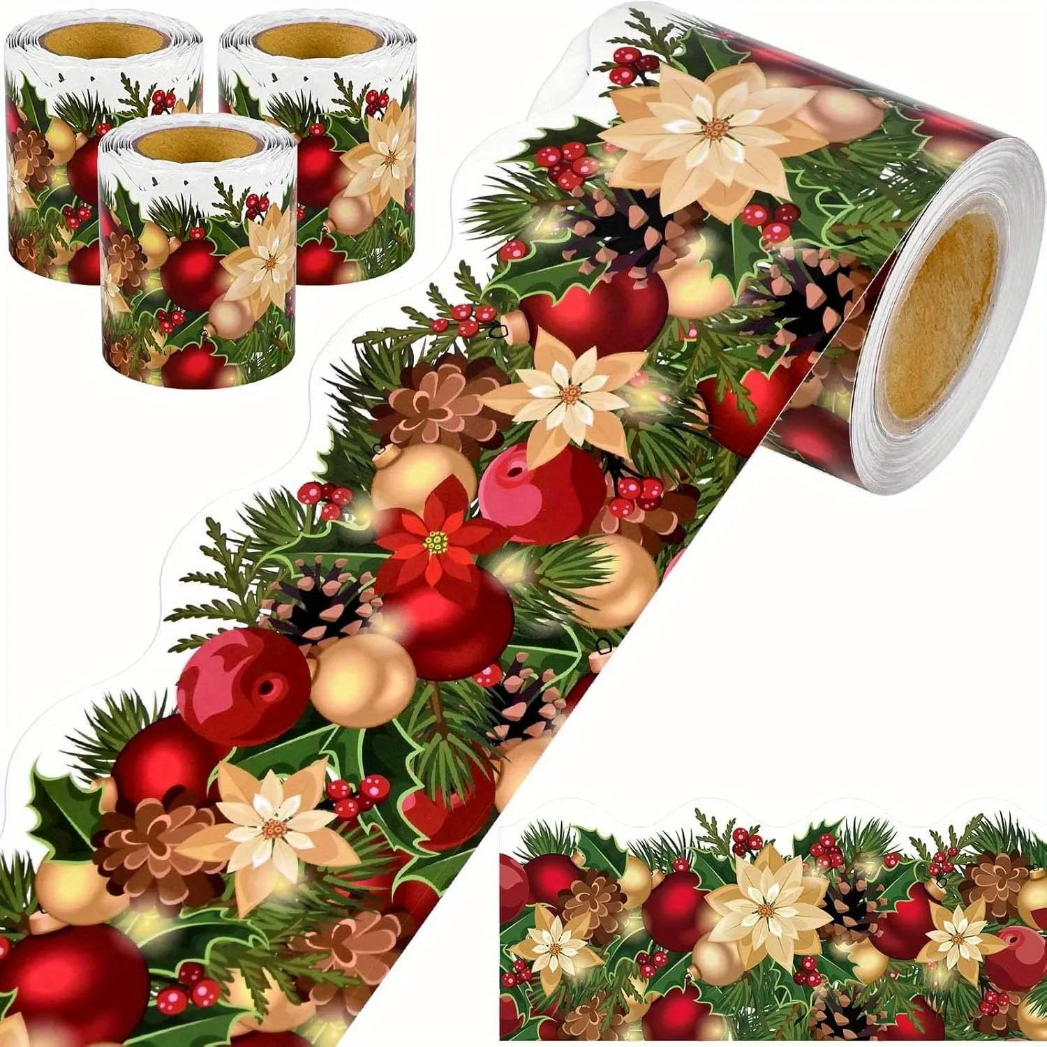 A Christmas-themed self-adhesive border roll, 59-foot home and office ambiance decorative tape, easy to cut design 2pcs