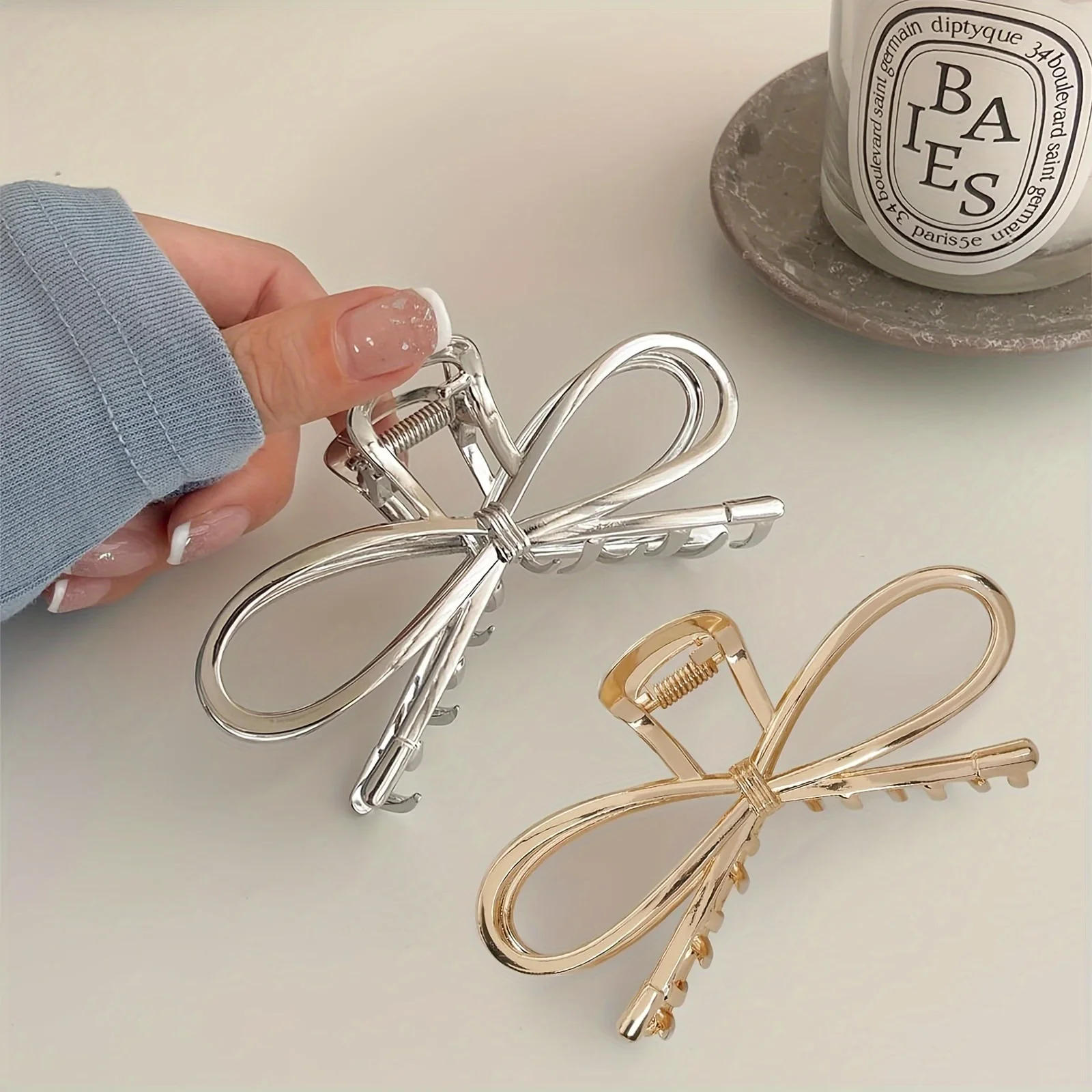 คลิปหนีบผมรูปโบว์อัลลอยด์ขนาดใหญ่สีทองสีเงินกิ๊บหนีบผมรูปปลาฉลามกิ๊บโบว์สำหรับผู้หญิงเครื่องประดับผม