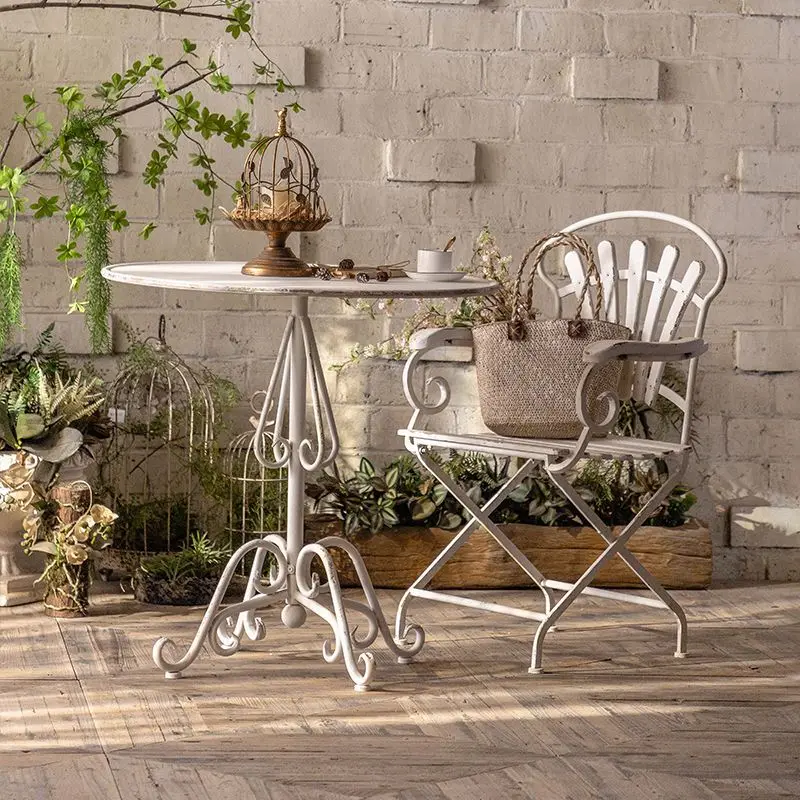 

European Style Art Round Coffee Table Small Apartment Creative Living Room Retro Old Iron Corner Outdoor Furniture Set Patio