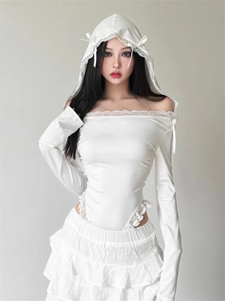 Fashion Sexy Off Shoulder Lace White Bodysuit Y2k Hooded Long Sleeved T-shirt for Women 2024 Summer New Slim Fit Tops Mujer