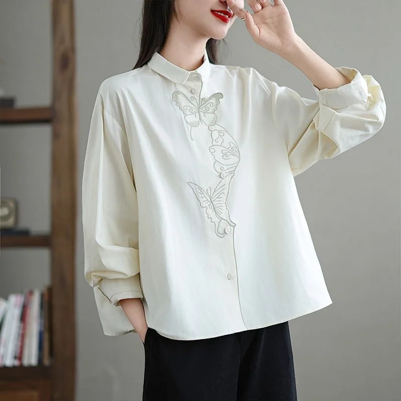 Retro versátil solto e fino tendência nacional borboleta bordada camisa de lapela de manga comprida