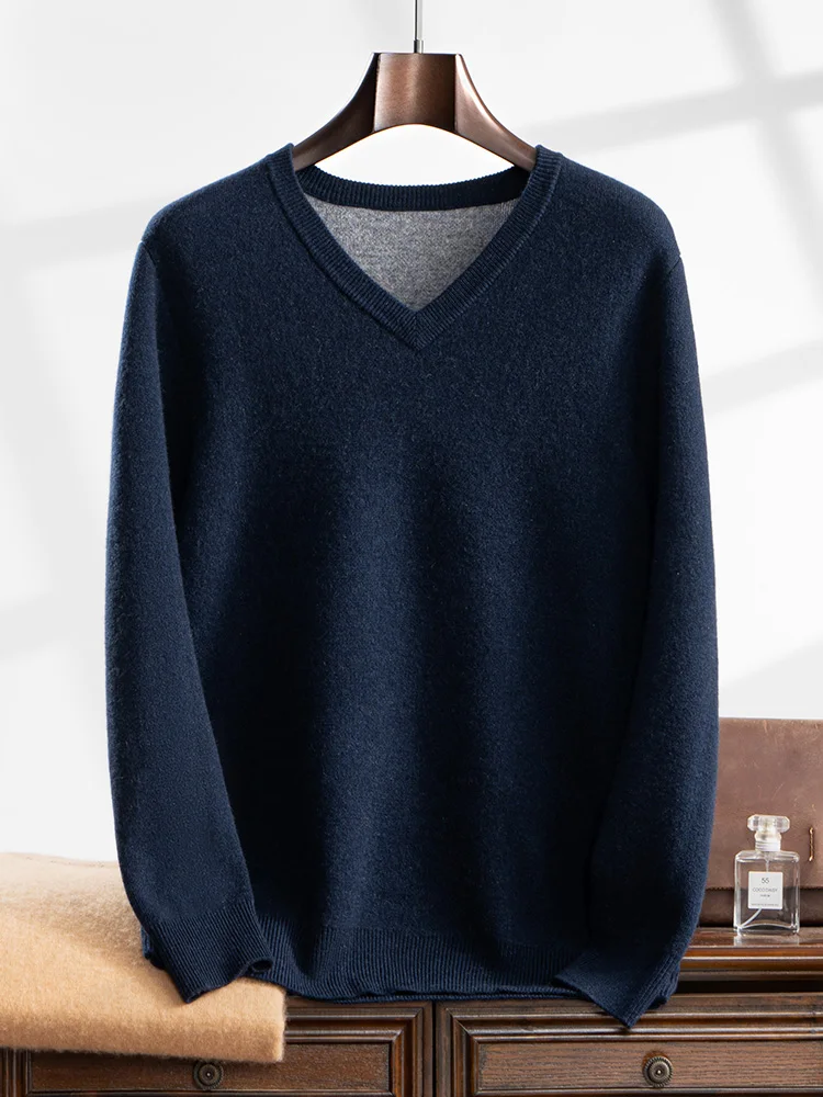 Choice Men's 100% Cashmere Sweater V-neck Pullover Autumn Winter Basic Smart Casual Cashmere Knitwear Long Sleeve Clothing Tops