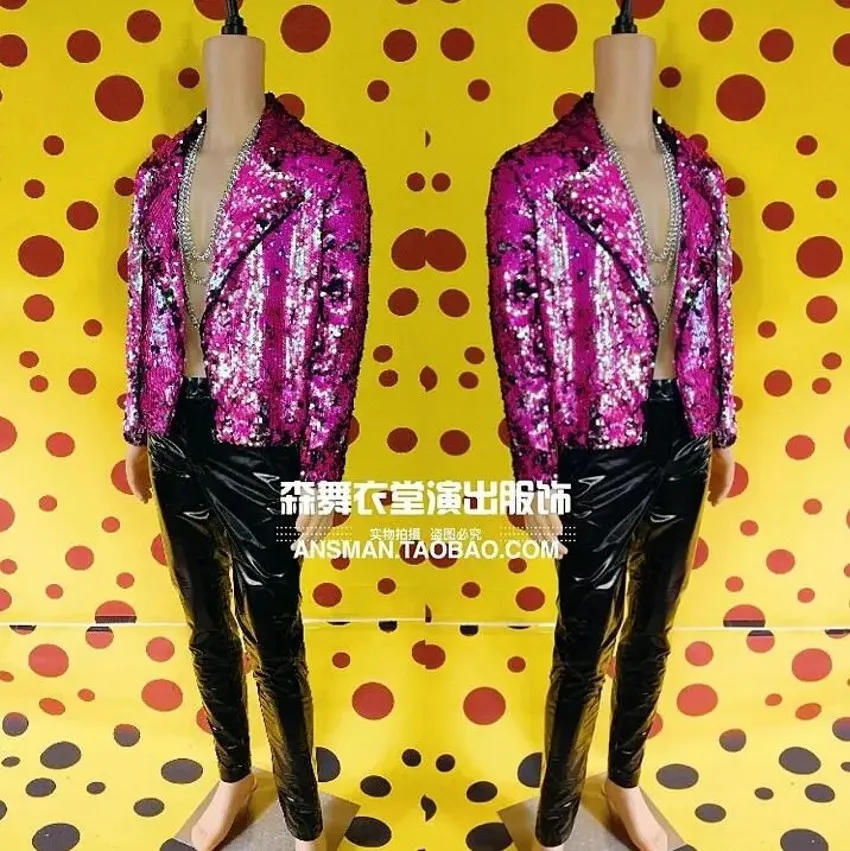 Hot New Hip Hop Rock Male Singer Coats Costume Men Colorful Pink Motorcycle Men's Personality Nightclub Fashion Sequins Jackets