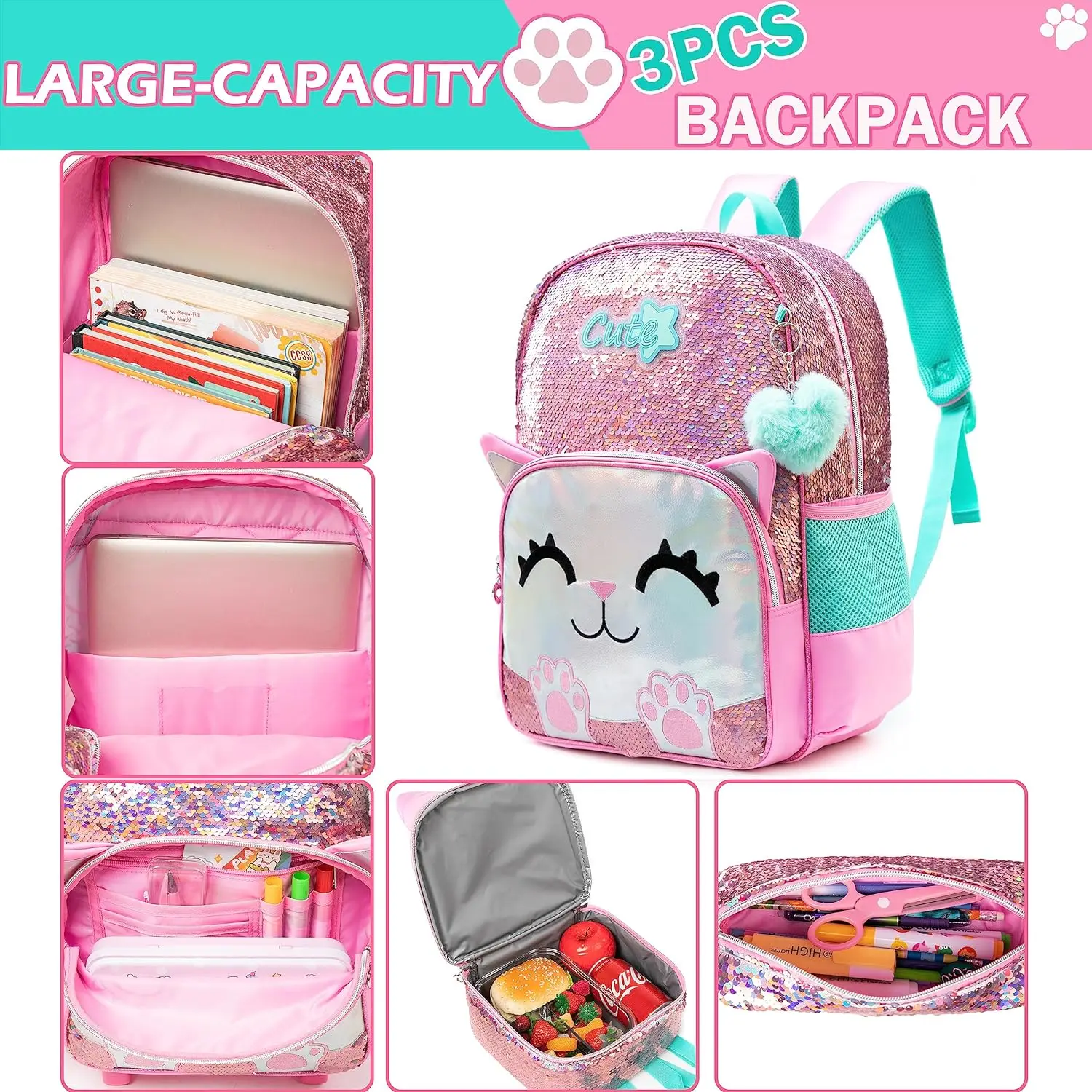 3PCS Pink Sequin Girls Backpacks Elementary Students Backpacks Beauty Backpacks Teenage Girls Cute Backpacks ﻿