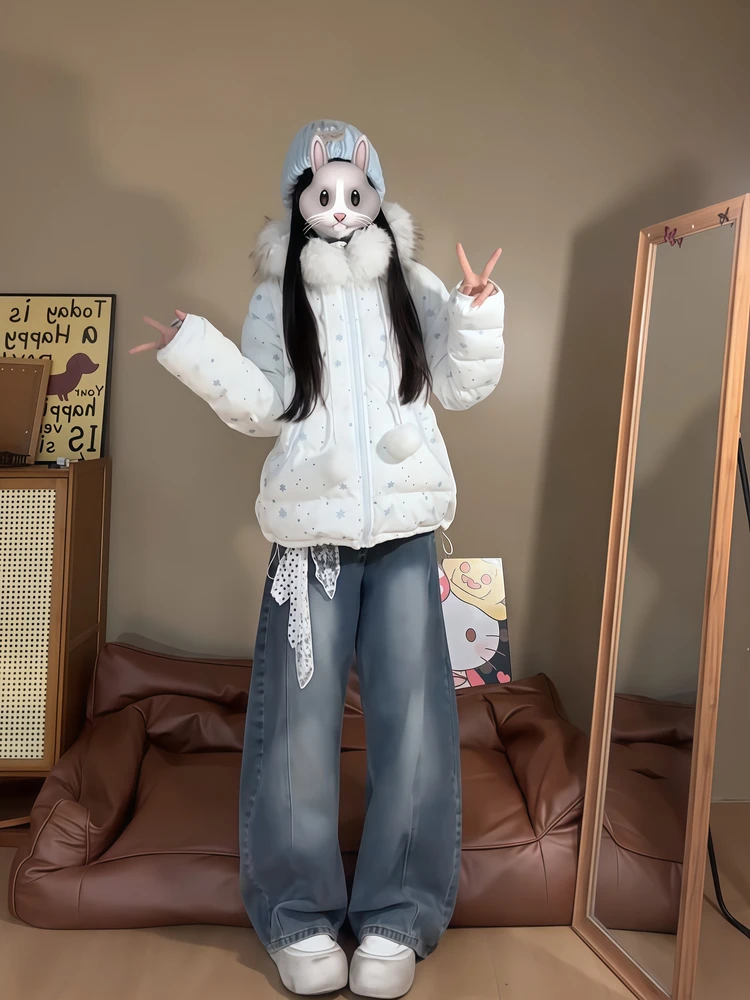 

Женская зимняя куртка-пуховик с капюшоном и принтом снежинок, в корейском стиле, с цветными блоками и меховым воротником