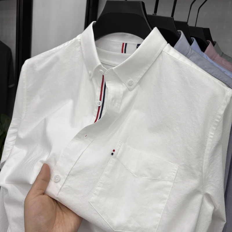 

High end 100% cotton solid color long sleeved shirt for men's spring and autumn work leisure pocket casual shirt new product