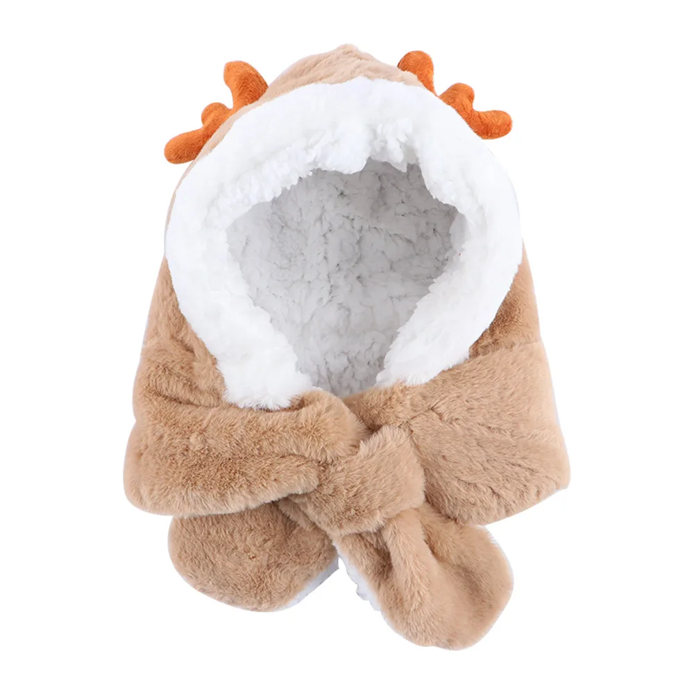 

Winter Unique Fashion Design Solid Color Antlers Cashmere With Scarf Korean Cap Children Plush Hat Christmas Plush Hat