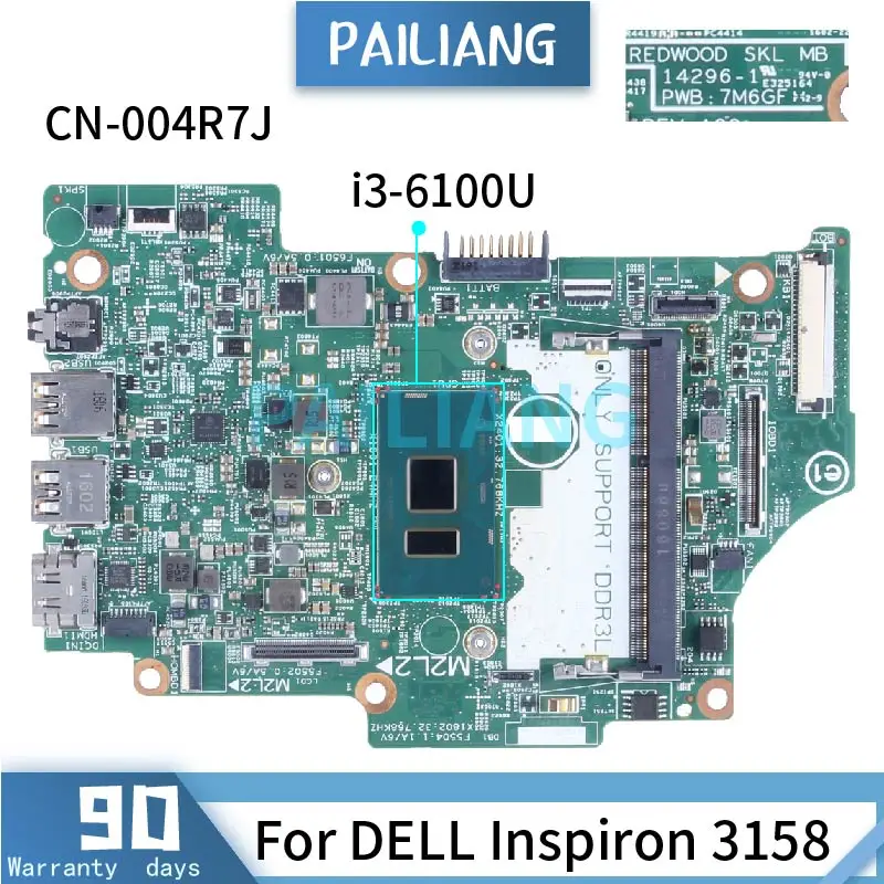 For DELL Inspiron 3158 Notebook Mainboard 14296-1 SR2EU i3-6100U CN-004R7J DDR3L Laptop Motherboard Full Tested