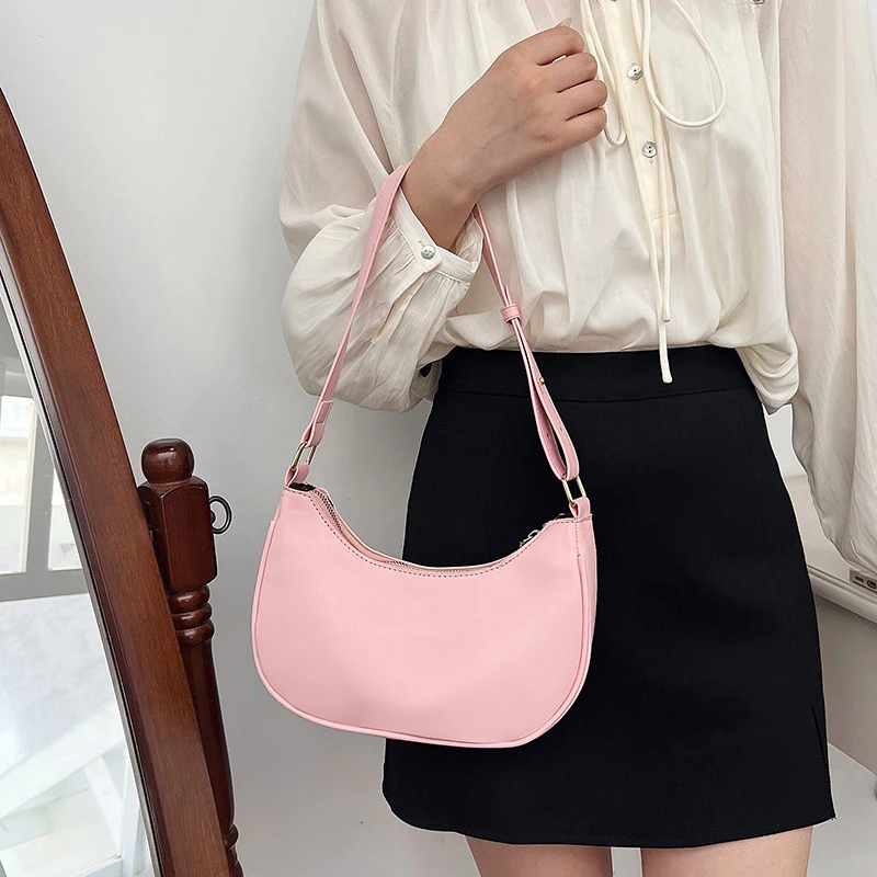 Womens Fashion Handbags Retro Solid Color Pu Leather Bag Half Simple Color Underarm Shoulder Bag Moon Casual Purse