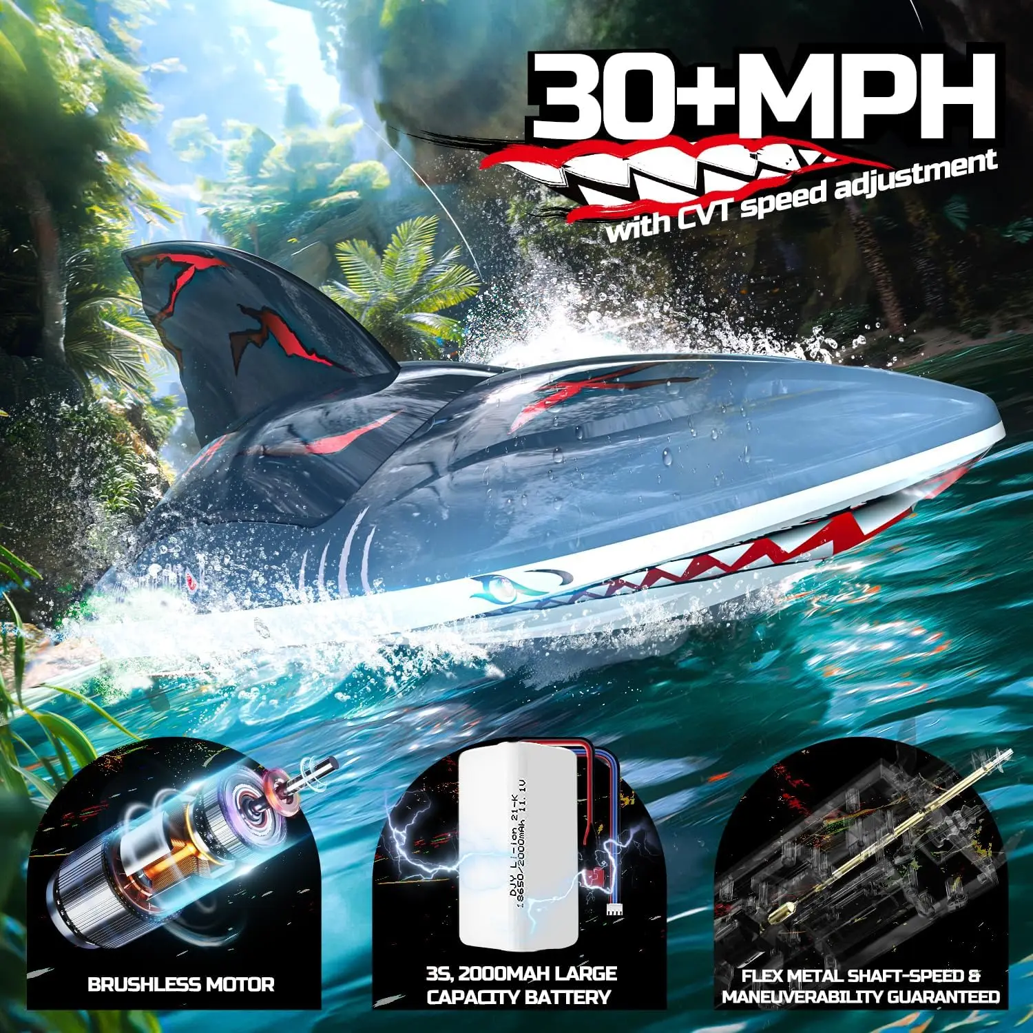 DEERC RC Shark Boat DE 2104 SHARK 48+ km/ساعة، سرعة 3S، ذاتي الارتفاع، 2.4 جيجا هرتز، مصابيح LED، هدية صيفية.