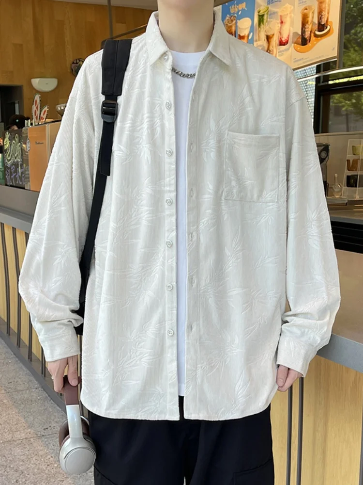 

Мужская вельветовая рубашка-куртка с цветочной вышивкой, длинный рукав, американский стиль, весна-осень, модная, на пуговицах, повседневная