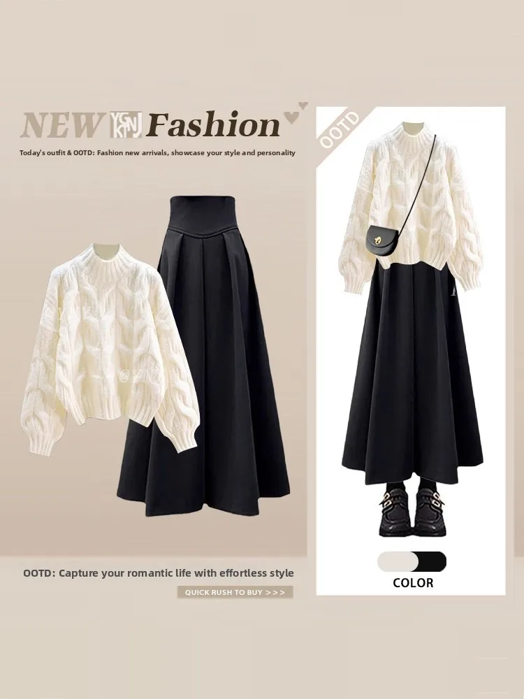 

Korean Retro round Ne Knitted Sweater Skirt Set Women Winter Super Beautiful plus Size Slimming Personali Two Piece Set