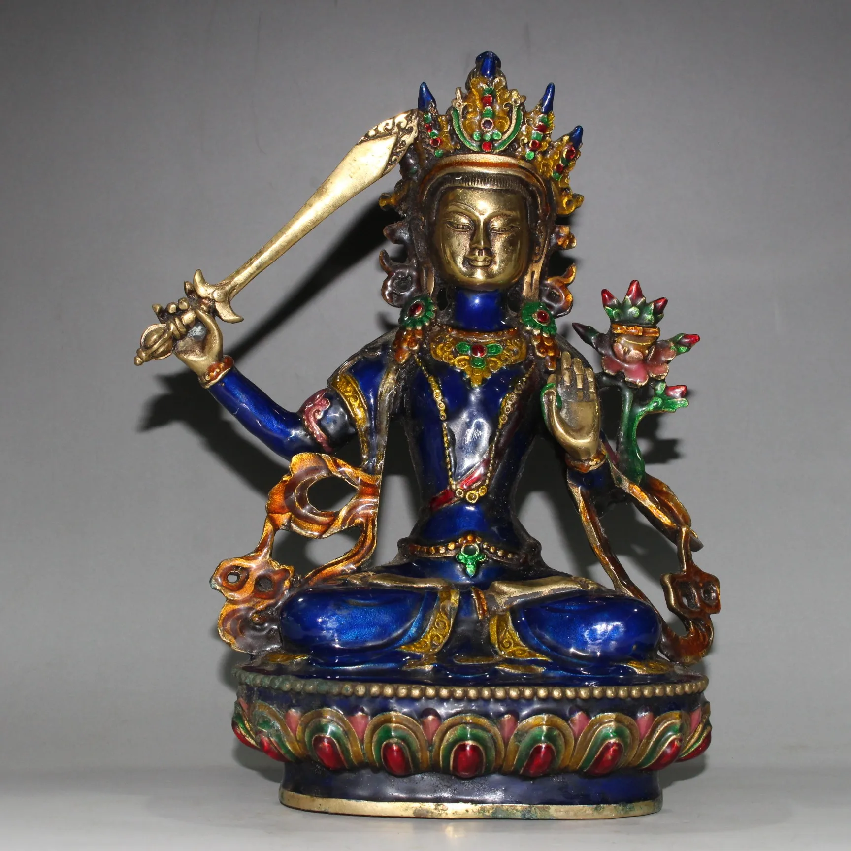 Buddhism Hand Engraving Cloisonne Brass Bodhisattva Manjusri Buddha Statue