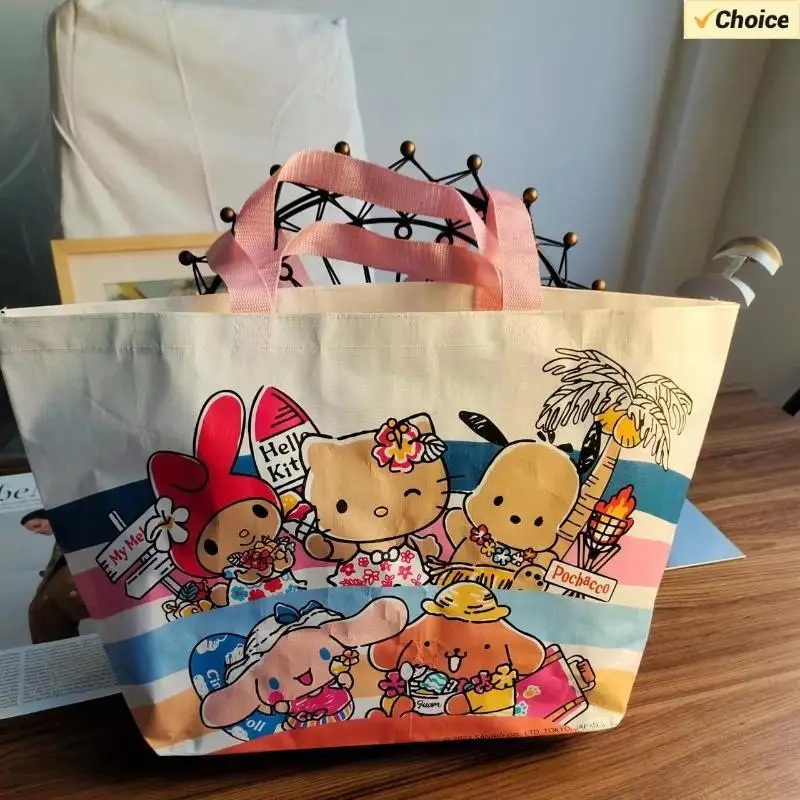 Super Kawaii Hello Kitty Print Large Capacity Shopping Nylon Bag Eco-friendly Hand-woven Bag Single Shoulder Sturdy Storage Bag