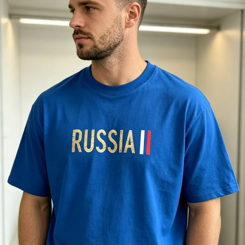 RUSSIA Gold Letter Print Men T-Shirt 100% Cotton Flag Color Stripe Graphic Tee National Pride Casual Streetwear Daily OutingTop