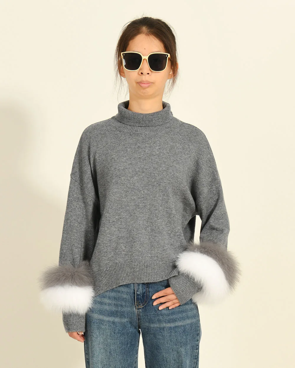 

Luxyonuo Fashion Women Sweaters 2023 New Style Wool Knitted Pullover Real Fox Fur Cuffs Autumn Winter Warm Ladies Sweater Female