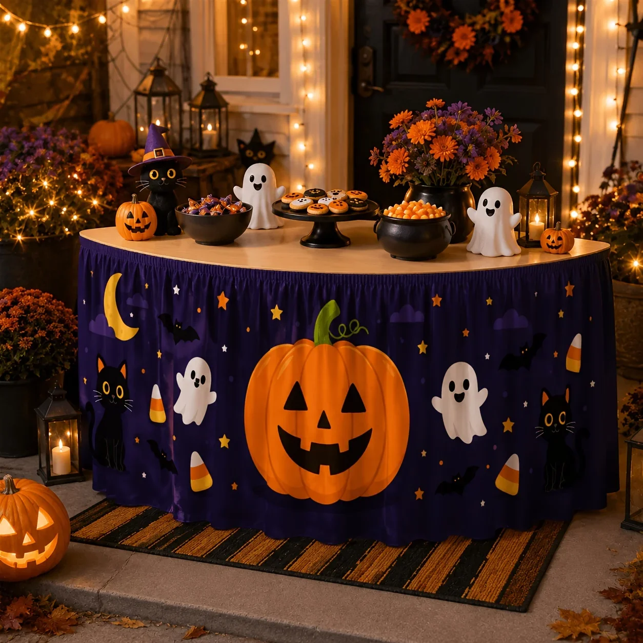 One tablecloth, a cute Halloween pumpkin lantern, pumpkins, black cats, and bats
