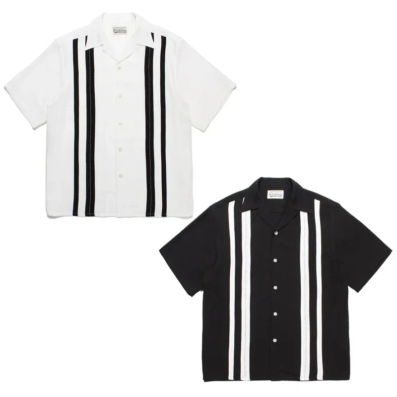 

WACKO MARIA Stripe Printing Polyester Fiber Short Sleeve Black White Lapel Men Women Breathable Oversize Button Thin Shirt TEE