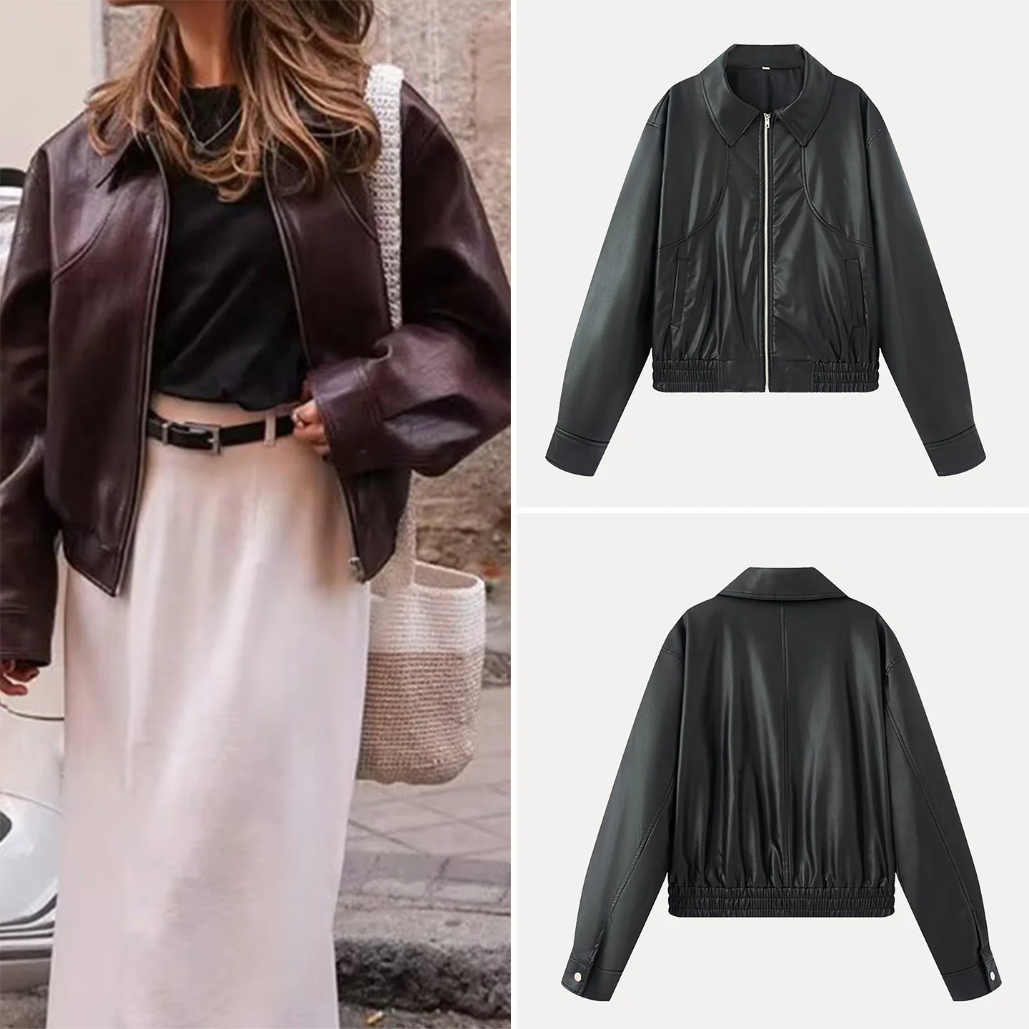 Gola casual de couro Jaet feminino versátil rua sle zíper longo sve solto ajuste outerwear para a temporada outono