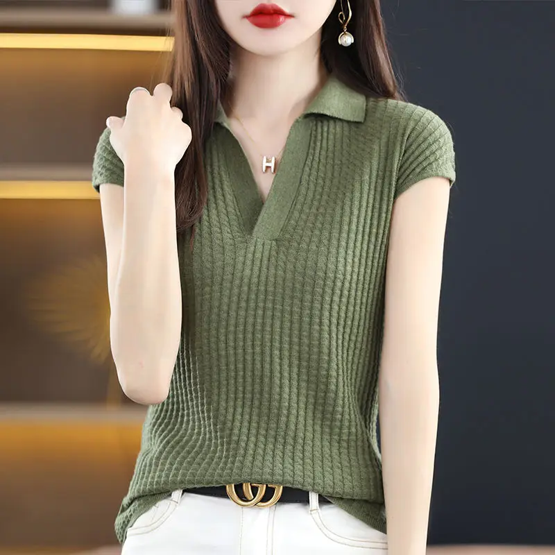 Fashion Lapel Solid Color Short Sleeve Shirt Summer All-match Casual Pullovers 2024 Women Clothing Loose Commute Knitted Blouse