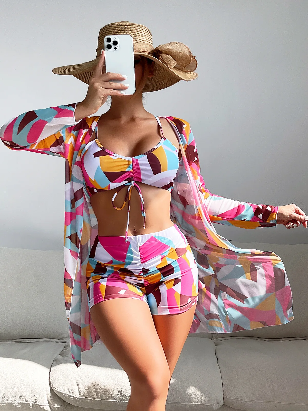 New Sexy Bandeau Push Up Bikini 3 Piece Swimsuit With Mesh Long Sleeve Cover Up Women Printed Swimwear Drawstring Bathing Suit
