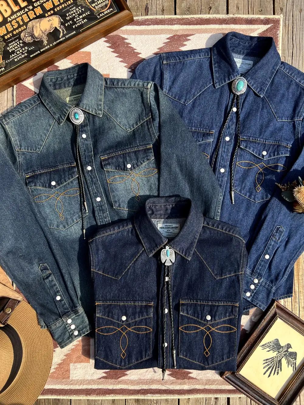 

Retro pure cotton denim T-shirt.vintage blue American Western style long sleeved shirt.slim fit shirts brand