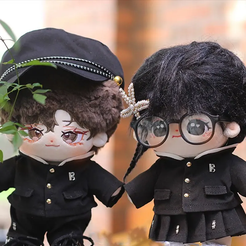 

20cm Plush Doll Clothes Handmade Black Hat Single Breasted Stand Collar School Uniform Top Pants Set For Doll Accessories Toy