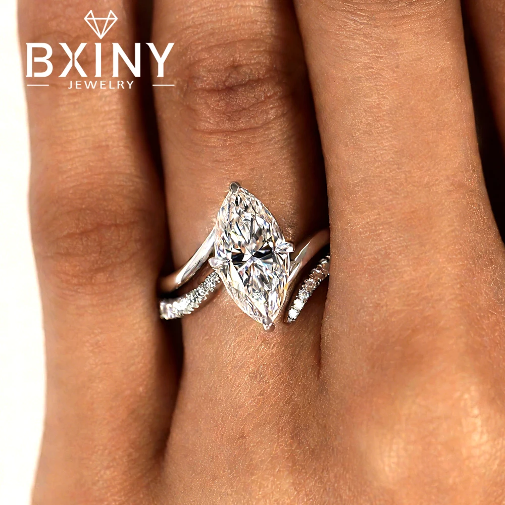 

BXINY All Moissanite Stacking Ring Set S925 Silver 3Carat Marquise Cut Diamond Vintage Promise Band for Women Gifts Fine Jewelry