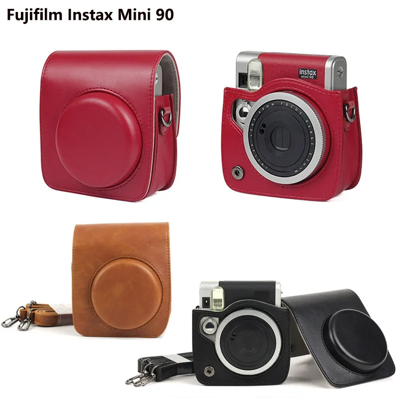 Classic PU Leather Camera Case Protective Compatible For Fujifilm Instax Mini 90 With Shoulder Strap Instax Case Red Black/Brown