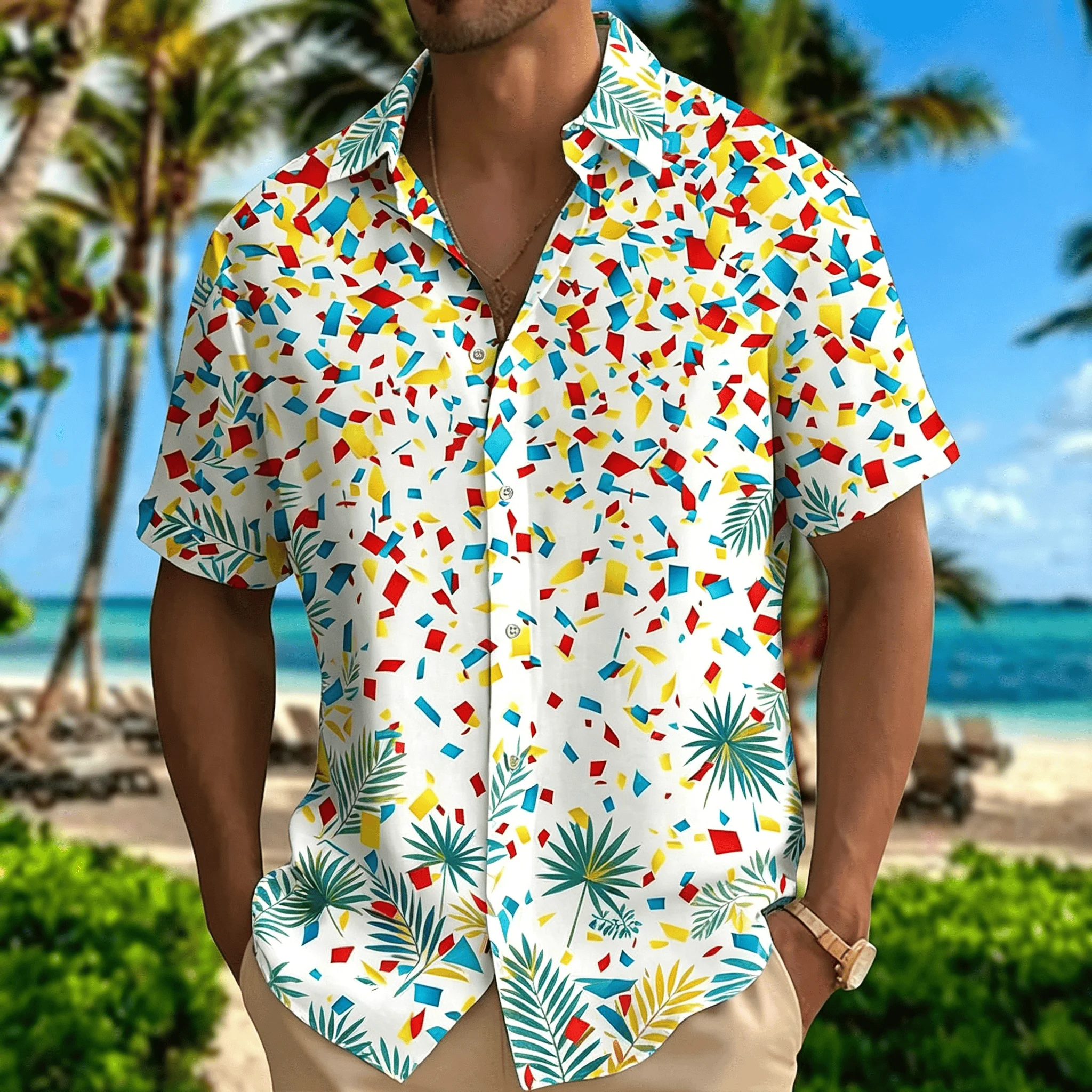 Macaron Contrasting Abstract Geometric Fragments, Green Plant Print Men's Short Sleeved Shirt, Refreshing and Trendy Shirt