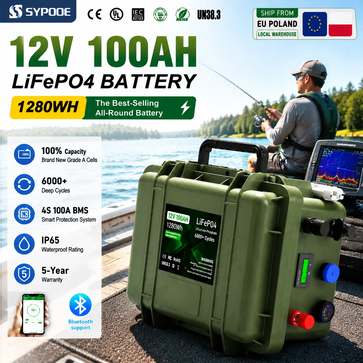 LiFePO4 Battery 12V 100Ah 150Ah 200Ah Bluetooth BMS 6000 Cycles Waterproof Solar Lithium Battery Boat Fishing Trolling Motor