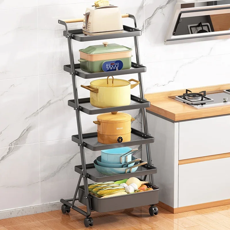 Space Saving Kitchen Utensils Cart Trolley 4-5 Tier Vegetable Basket Pot Rack Wheels Storage Pan and Pot Lid Organizer Holder