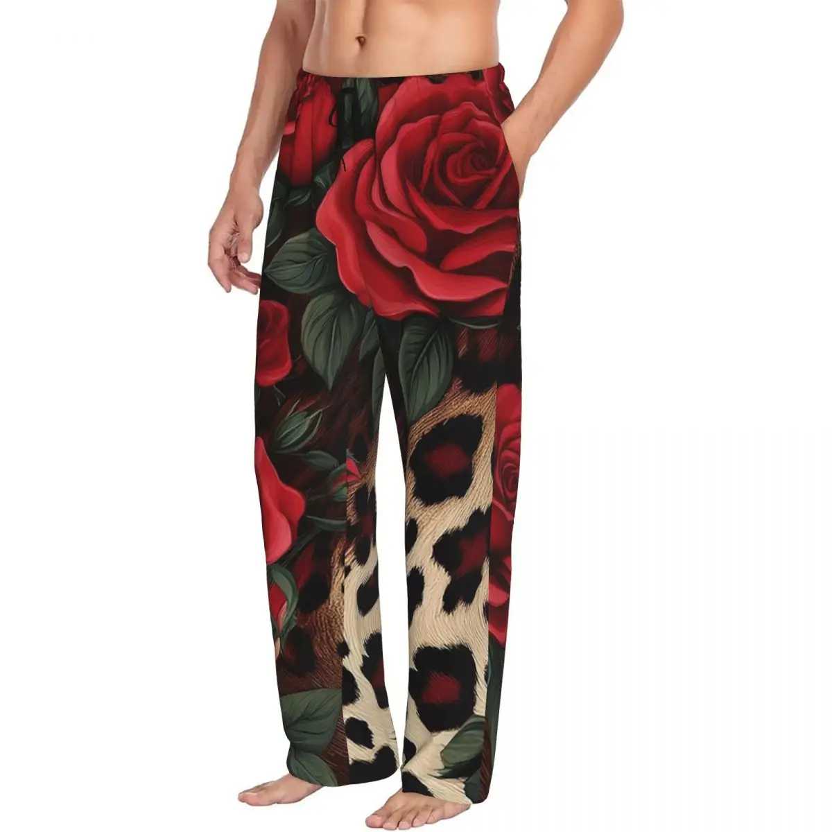 Custom Rose Red Leopard Pattern Men Pajama Pants Lounge Sleep Sleepwear Bottoms with Pockets
