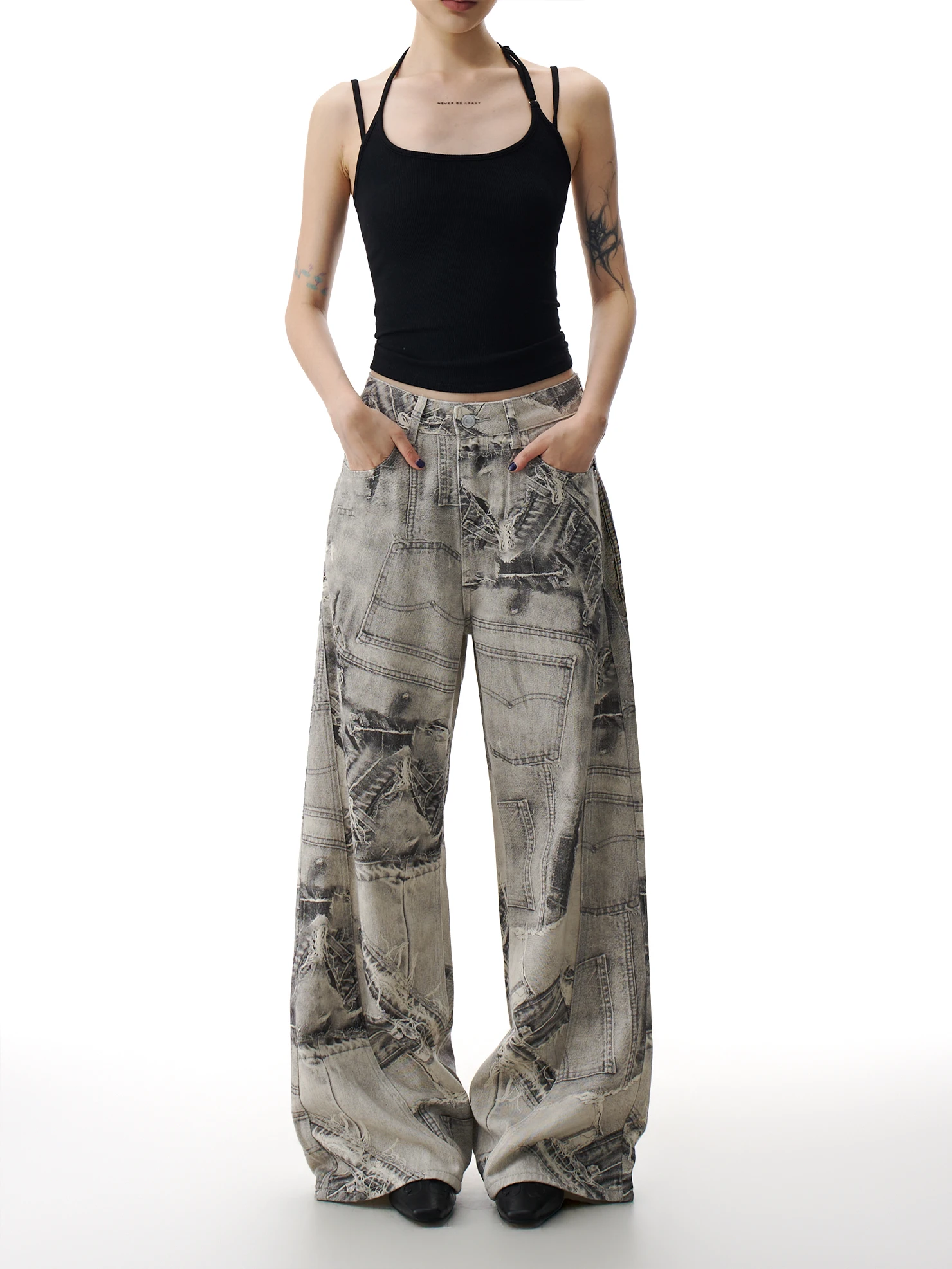 

Retro American Design Wide Leg Straight Tube Jeans Women's Worn out Print Loose Slimming Long Pants Casual Spring Cotton