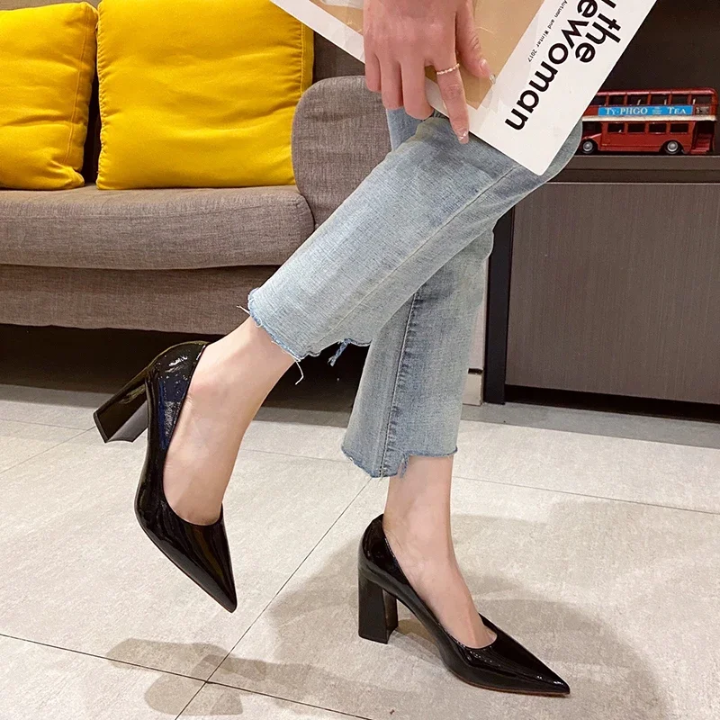 Women Shoes Patent Leather Slip-On Chunky Heels High Heels Women Temperament Pointed Toe Shallow Sexy Wedding Shoes Pumps