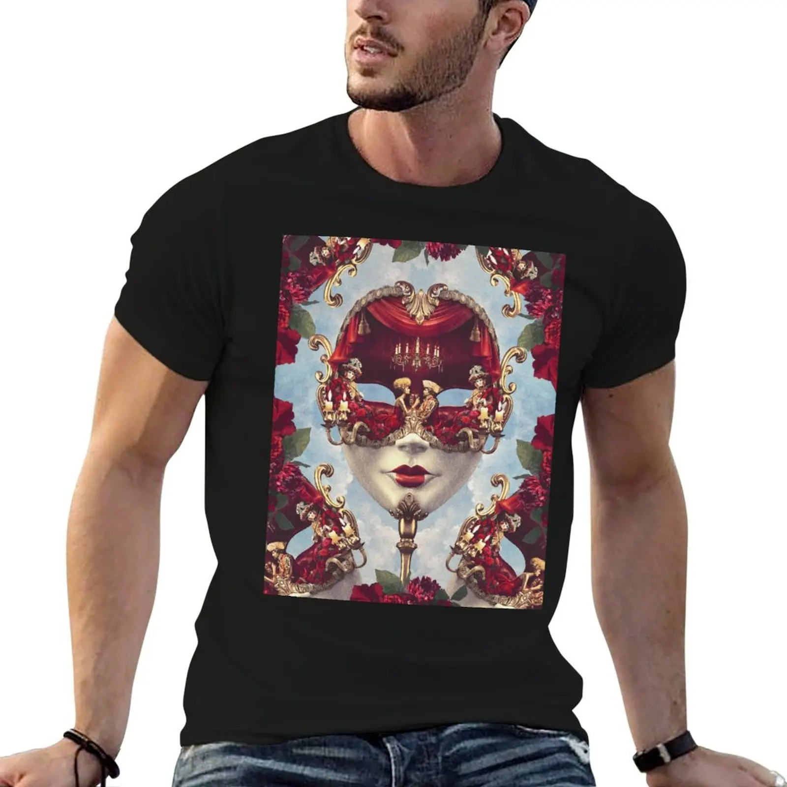 Floral Decadence - Red & Gold Venetian Mask T-Shirt Basic Solid Color Short Sleeve Cotton Top