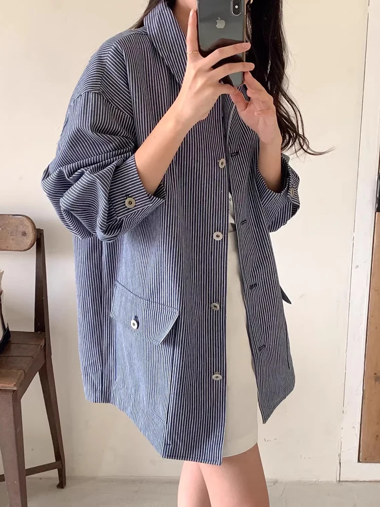 SuperAen 2024 Korean Chic Autumn New Item Retro Lapel Single Breasted Loose Pocket Long Sleeved Striped Shirt