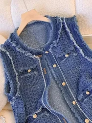 Women Single Breasted Plaid Denim Vest with Tassel Elegant Lady Vests Blue Spring Autumn Flow Sleeveless Tank Top Coat