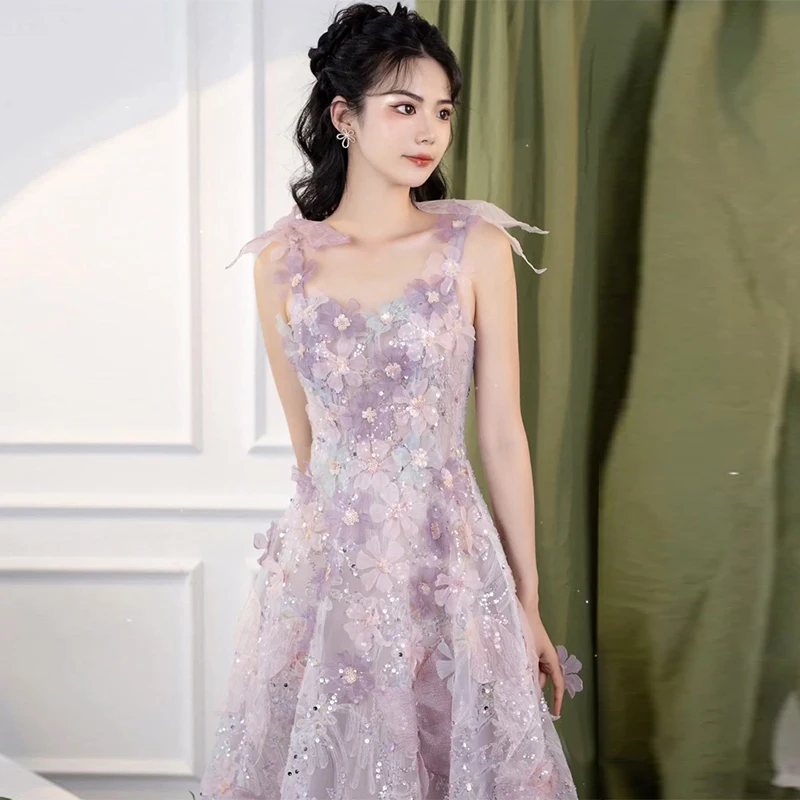 

Evening Dress 2025 New High-Grade French Strap Banquet Light Luxury Minority Lace Flower Female Purple
