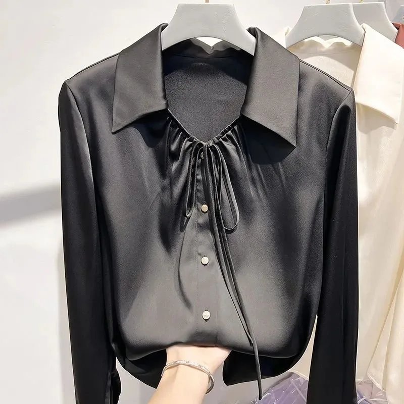 

Faionable Long Sve Chiffon Design irt Stand Collar Slimming Top Commute Sle Polyester Fabric Warmth for Women